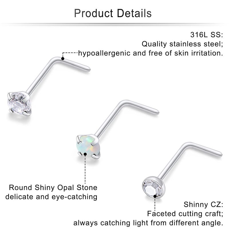 Cisyozi 22G Nose Rings Studs for Women Men Stainless Surgical Steel Silver L Shaped Bent Nose Nostril Rings Stud Set Piercing Jewelry for Women Men 1.5mm Diamond CZ Opal - Image 4